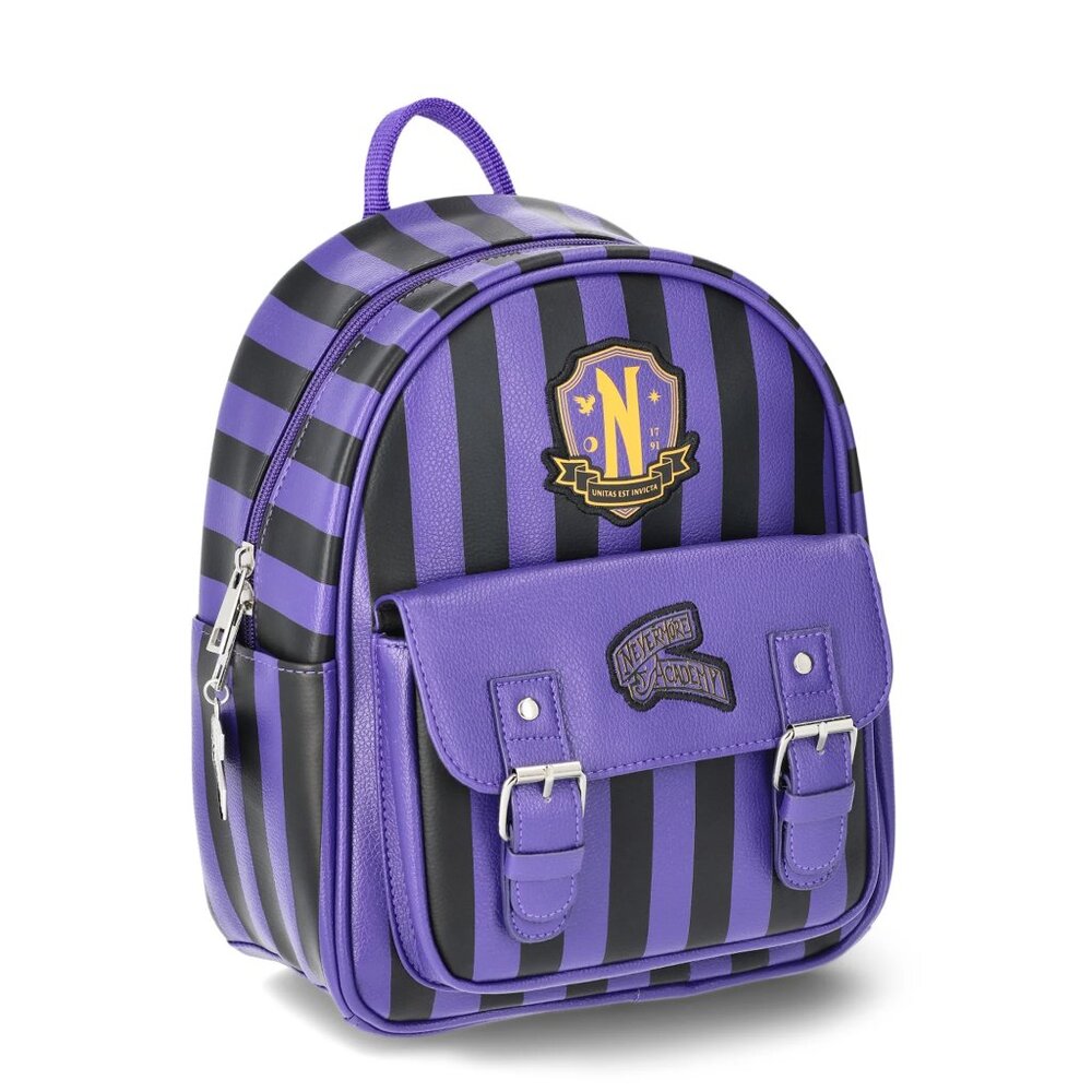 NEW Wednesday Addams Nevermore Academy Striped Mini Backpack Purple/Black